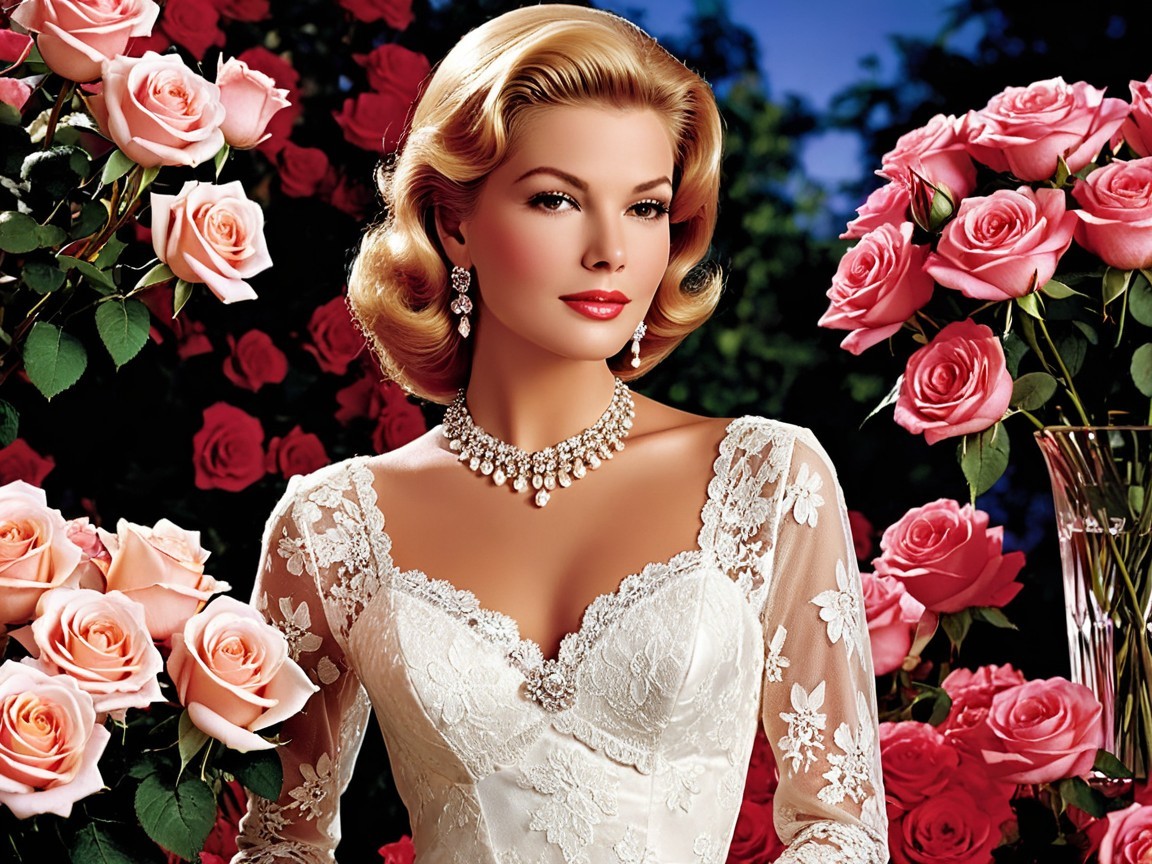 Blonde Woman in Vintage Lace Dress Surrounded by Roses