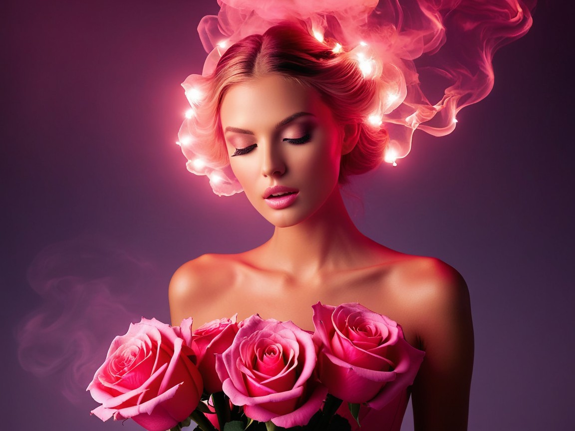 Young woman with pink roses in a dreamy setting