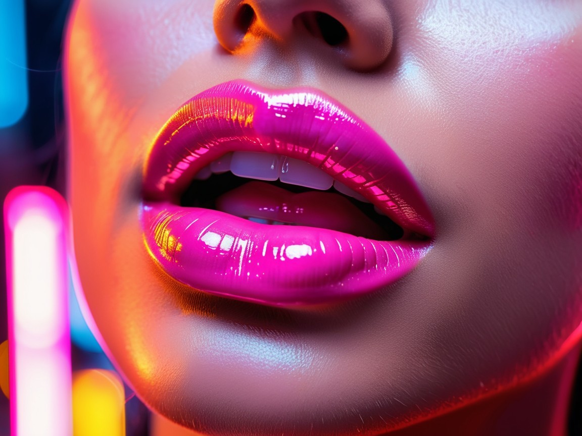 Close-Up of Glossy Pink Lips with Neon Background