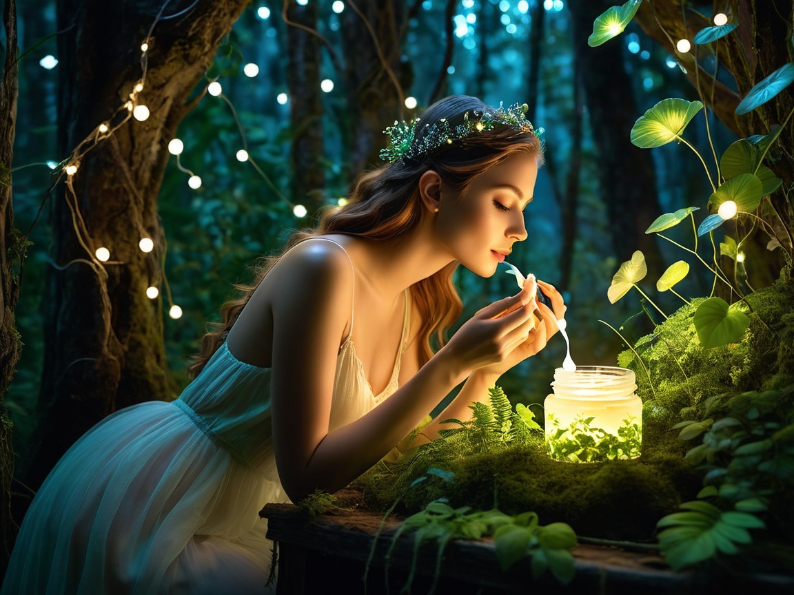 Young Woman with Glowing Jar in Mystical Forest