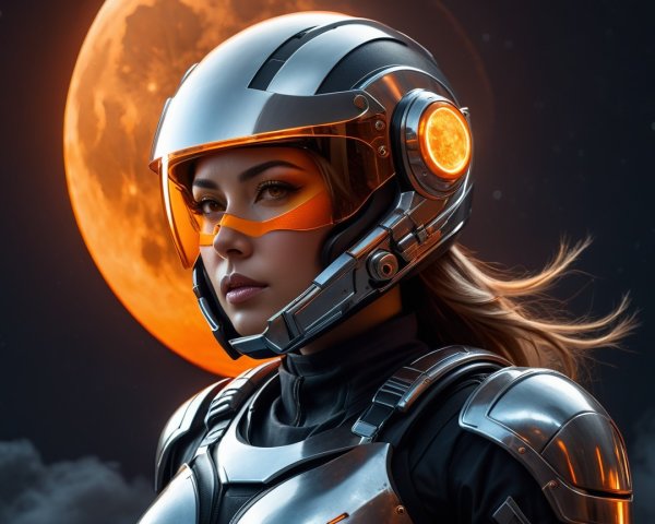 Futuristic female astronaut with glowing orange moon backdrop