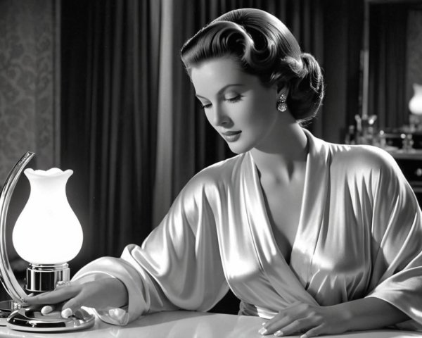 Glamorous Woman in Silky Robe by Vintage Lamp