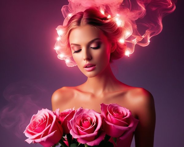Young woman with pink roses in a dreamy setting