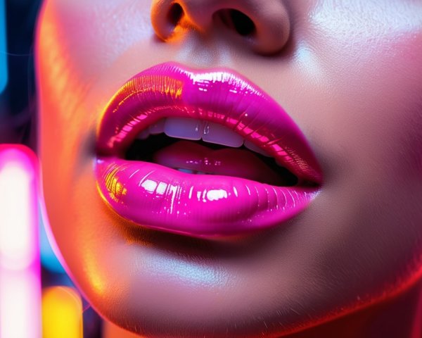 Close-Up of Glossy Pink Lips with Neon Background