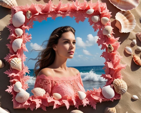 Serene Beach Scene with Coral and Seashell Border