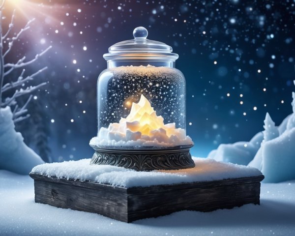 Whimsical Snow Globe with Glowing Flame and Snowflakes