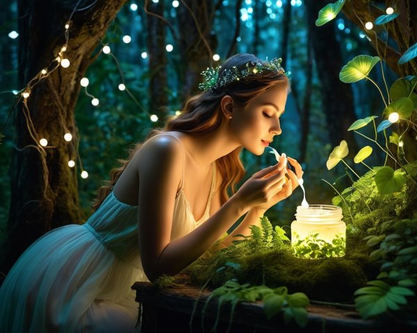 Young Woman with Glowing Jar in Mystical Forest