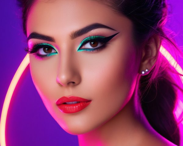 Portrait of a model with bold makeup and neon lights