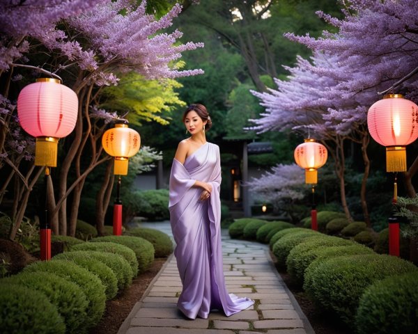 Serene Garden with Vibrant Blossoms and Lanterns