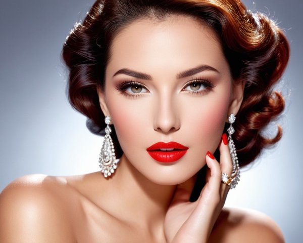 Vintage Glam Makeup with Red Lips and Elegant Curls