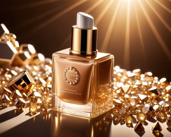 Luxurious Foundation Bottle Surrounded by Gold Gems