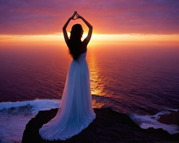 Silhouette of Woman in White Dress at Sunset Cliffs