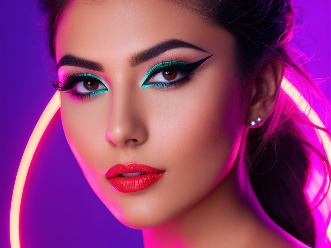 Portrait of a model with bold makeup and neon lights