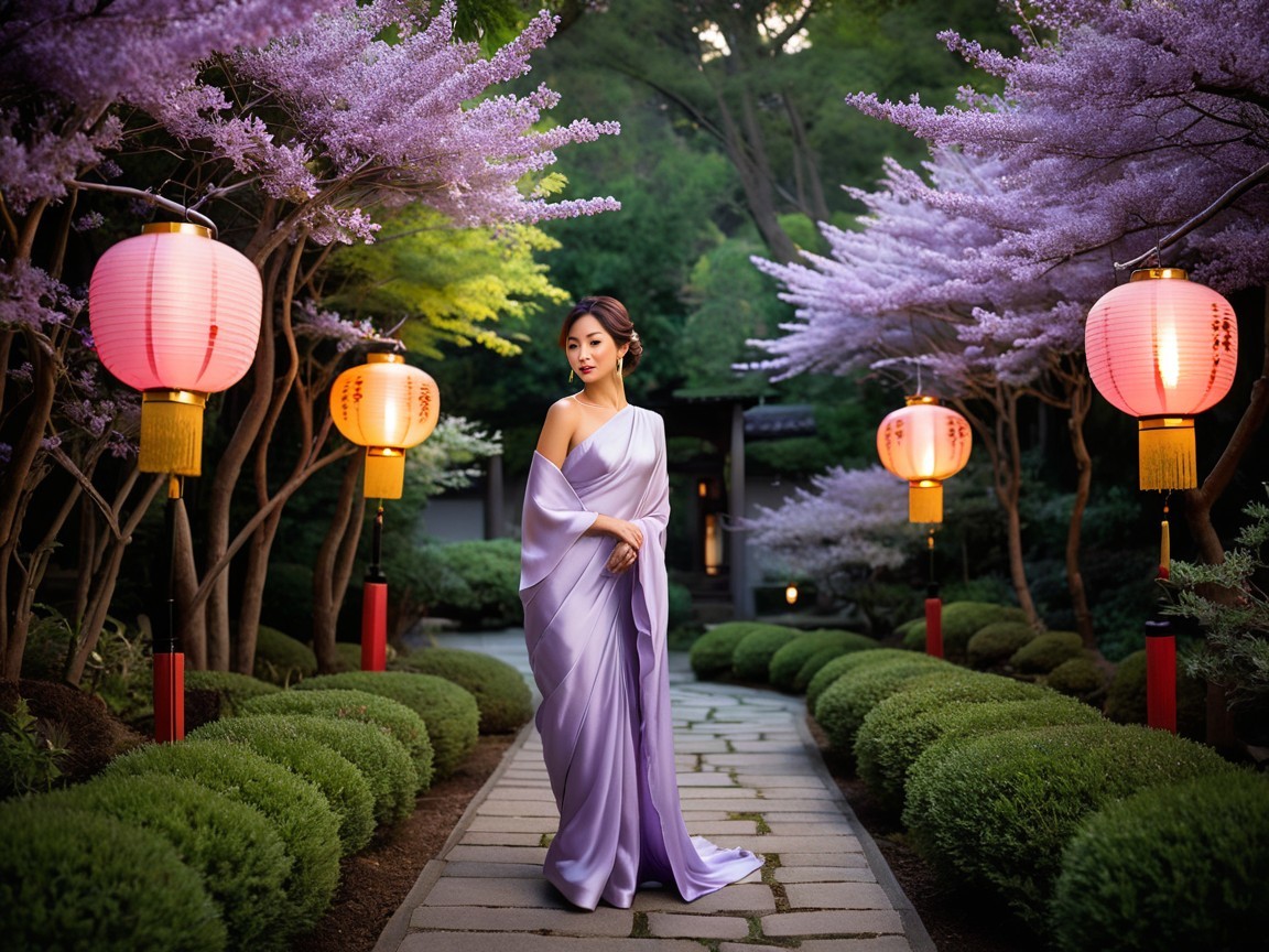 Serene Garden with Vibrant Blossoms and Lanterns