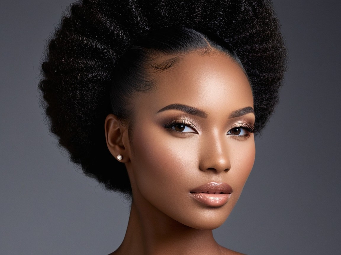 Close-Up Portrait of a Woman with Dark Skin and Afro Puff