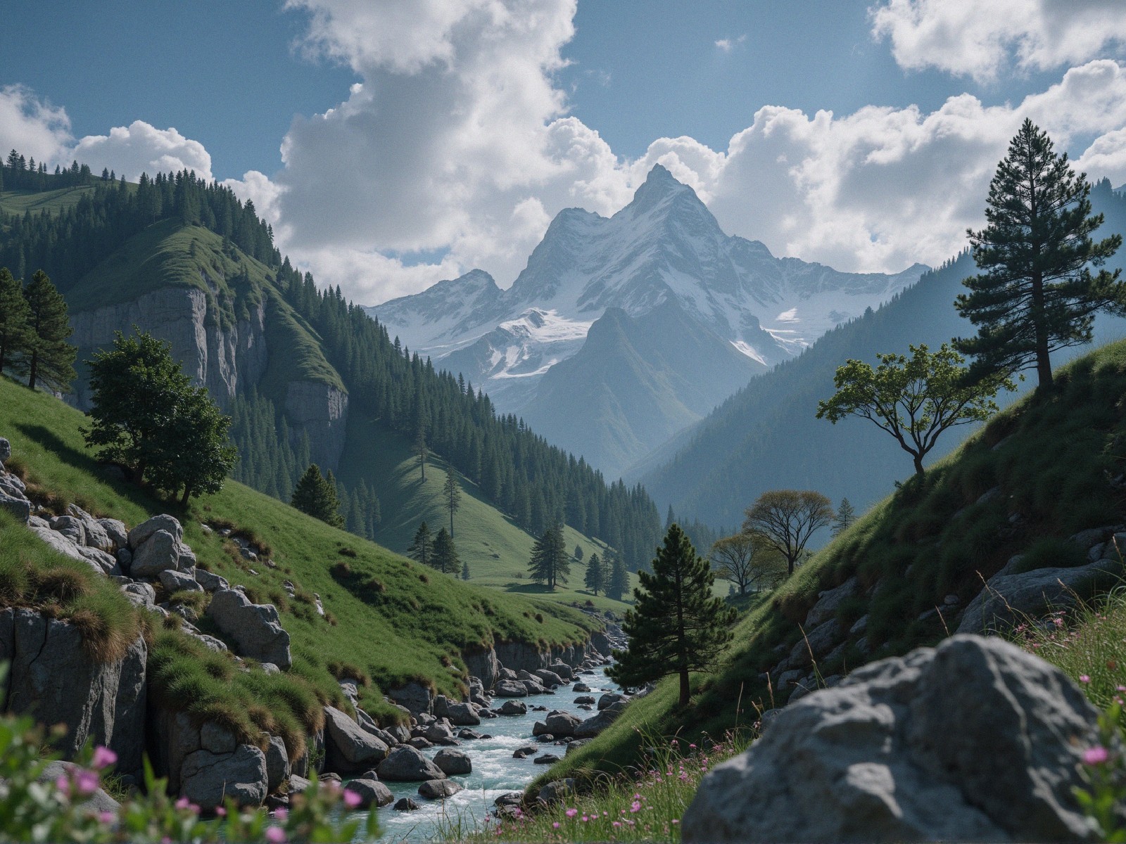 Mountainous Landscape with Green Hills and River
