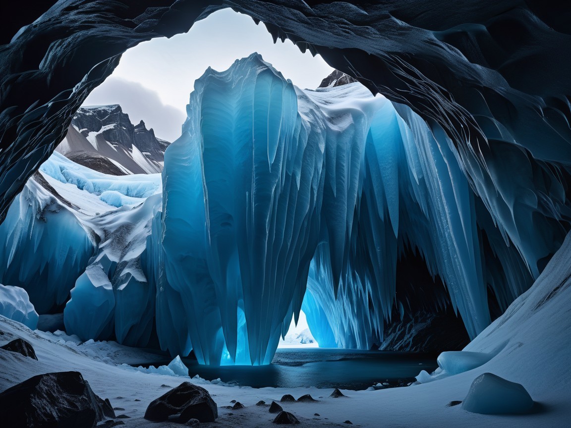 Stunning Ice Cave Interior with Blue Ice Formations