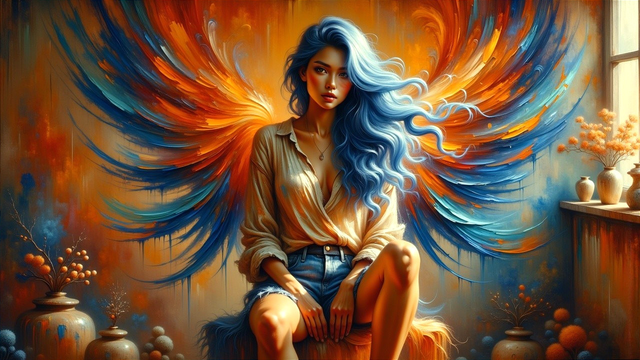 Graceful figure with blue hair and vibrant wings
