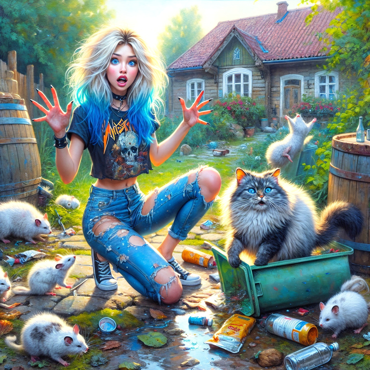 Girl with Blue Hair Surrounded by Animals in Chaos