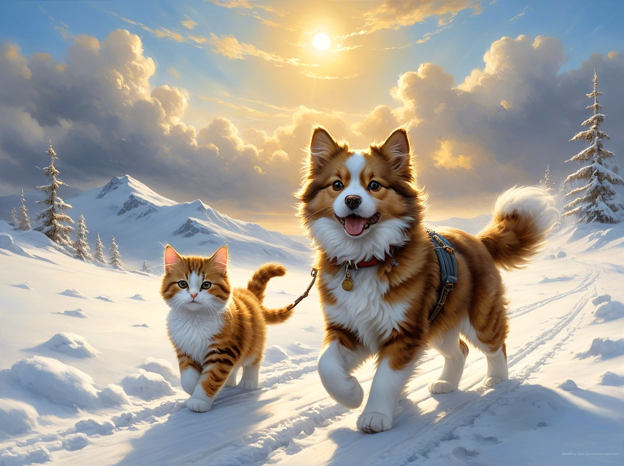 Cheerful Dog and Playful Cat in Snowy Landscape