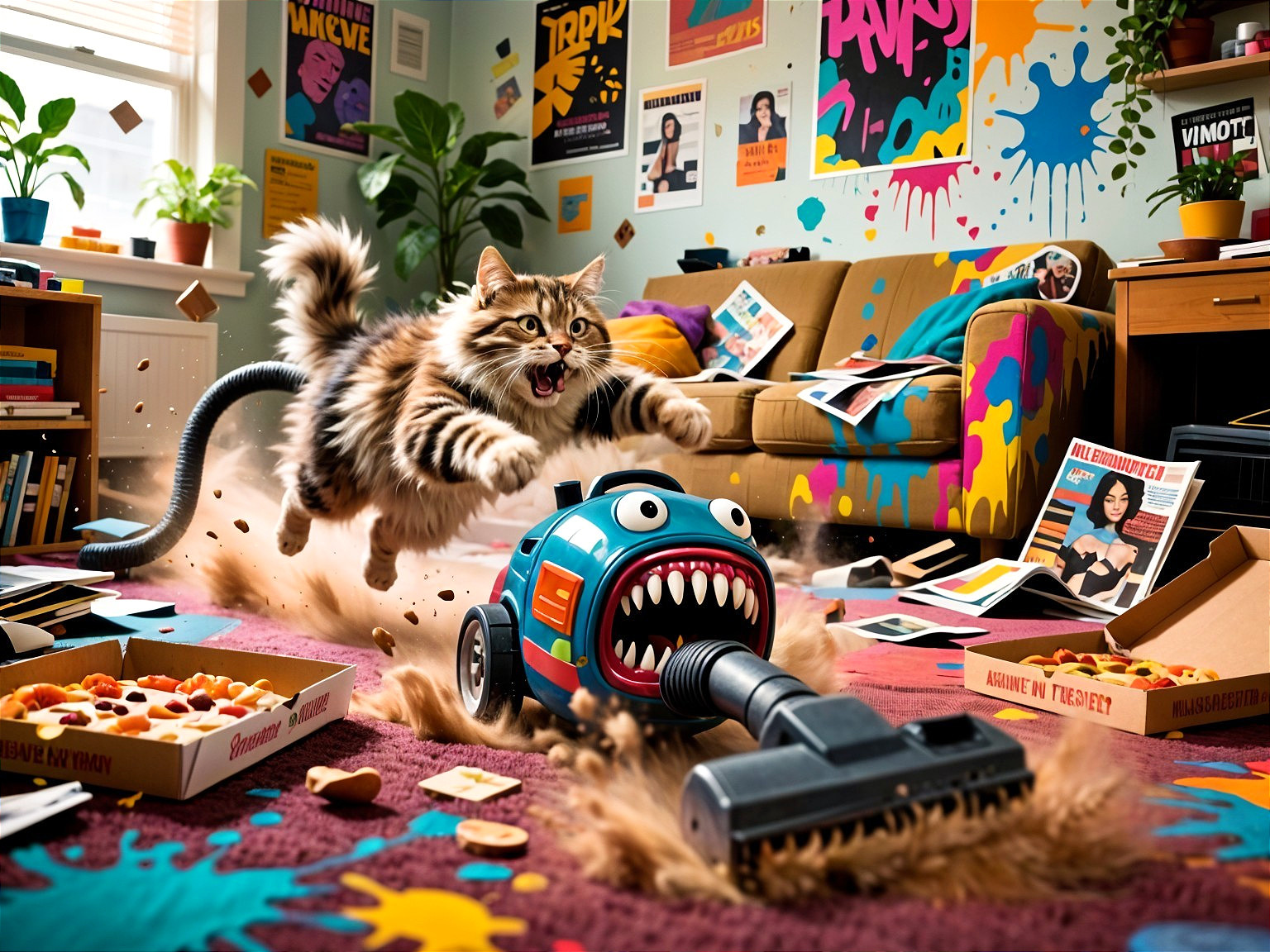 Tabby Cat Plays in Colorful Living Room Chaos