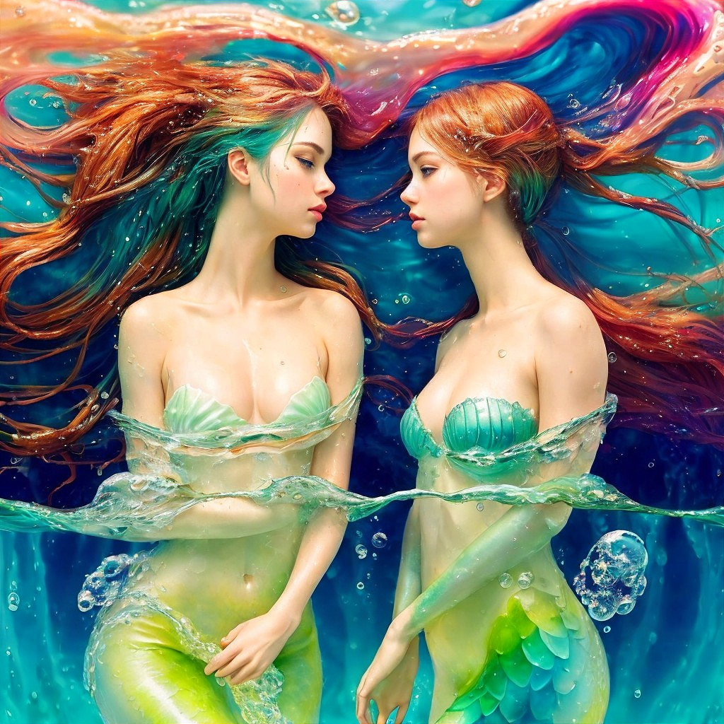 Mermaids in Colorful Waters with Flowing Hair and Tails