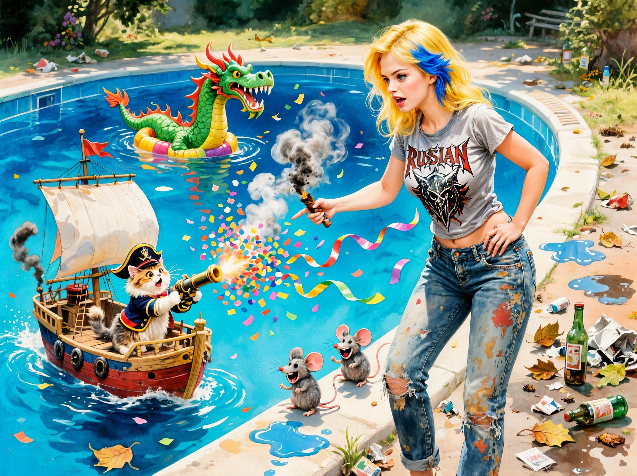 Vibrant Pool Scene with Colorful Characters and Decor