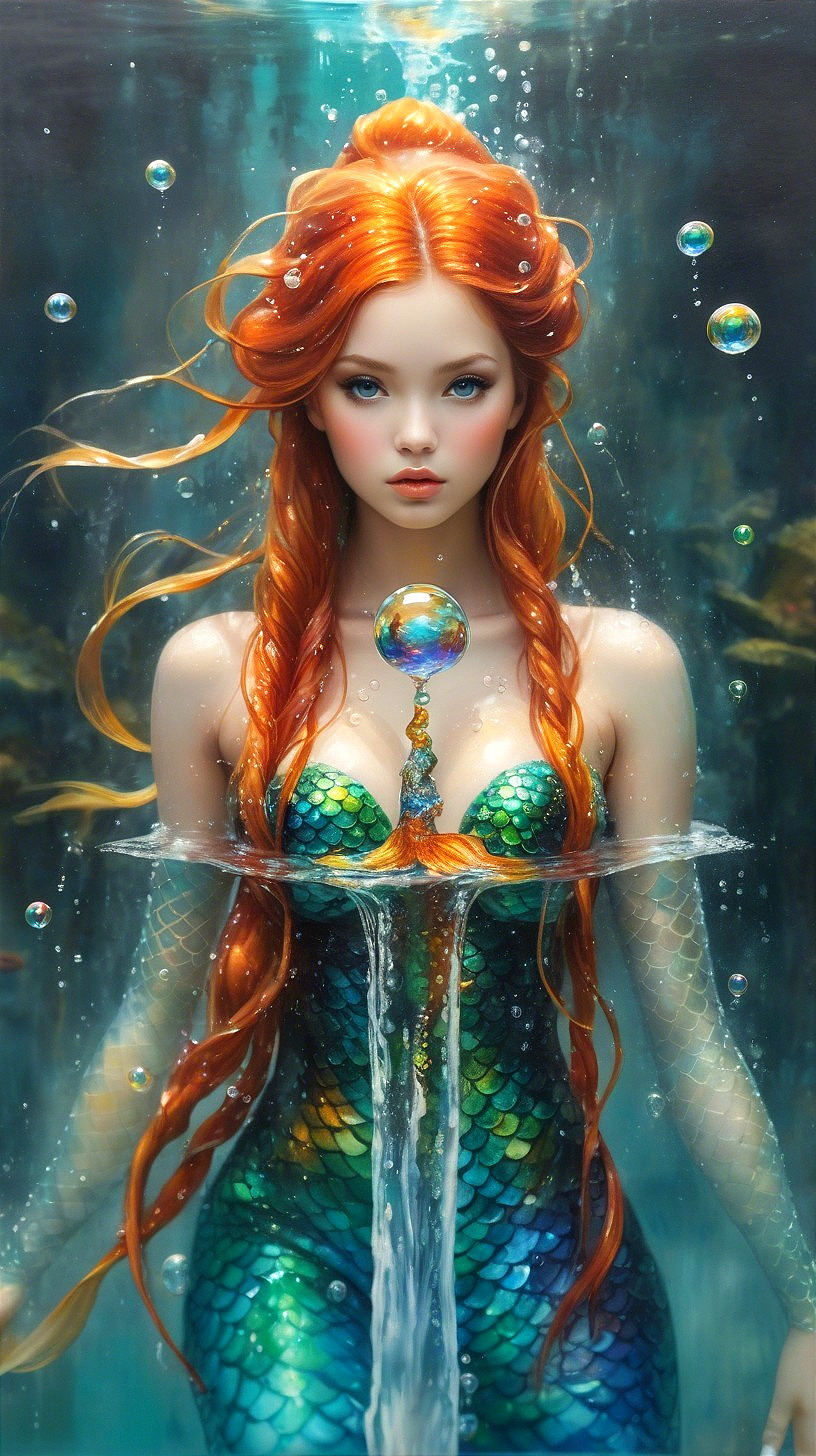 Mermaid with Red Hair and Green Scales in Water