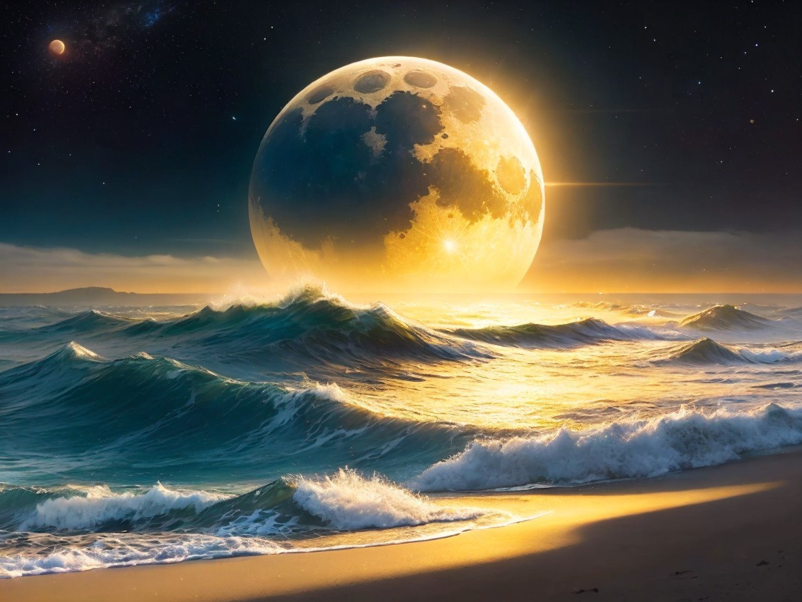 Surreal Seascape with Glowing Moon and Turbulent Waves