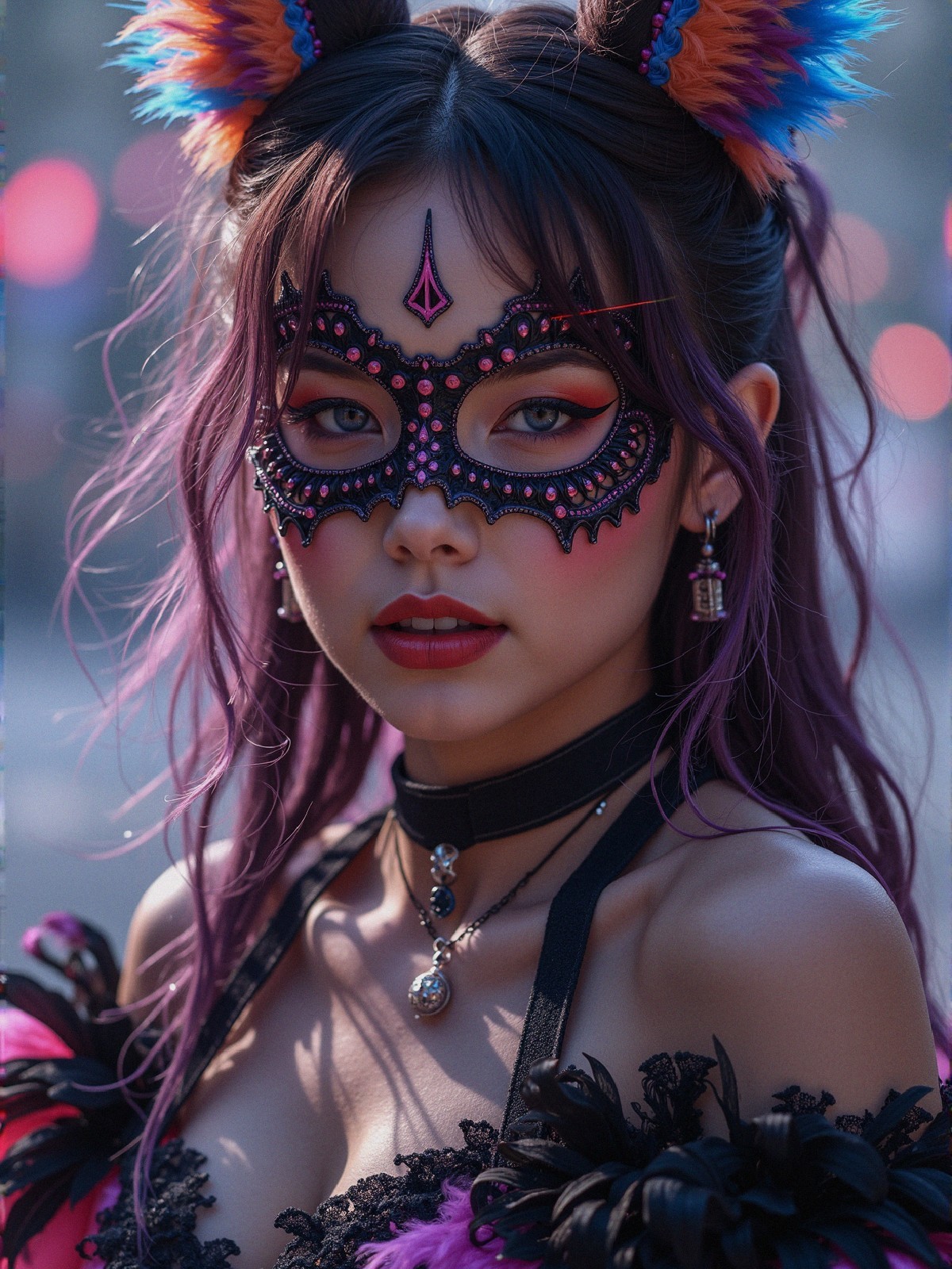 Masquerade Figure with Feathered Ears and Bold Makeup