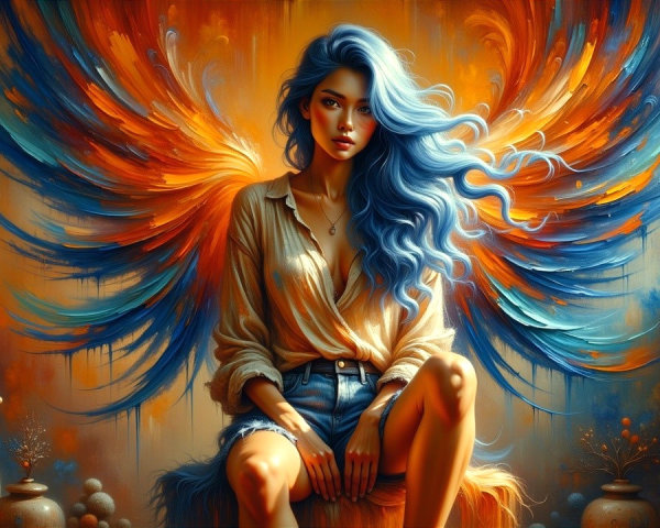 Graceful figure with blue hair and vibrant wings