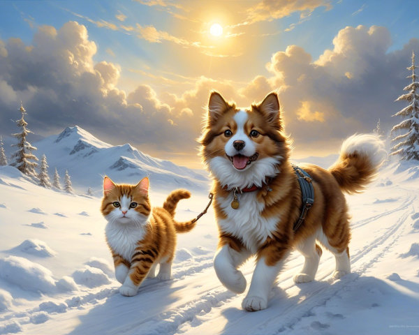Cheerful Dog and Playful Cat in Snowy Landscape