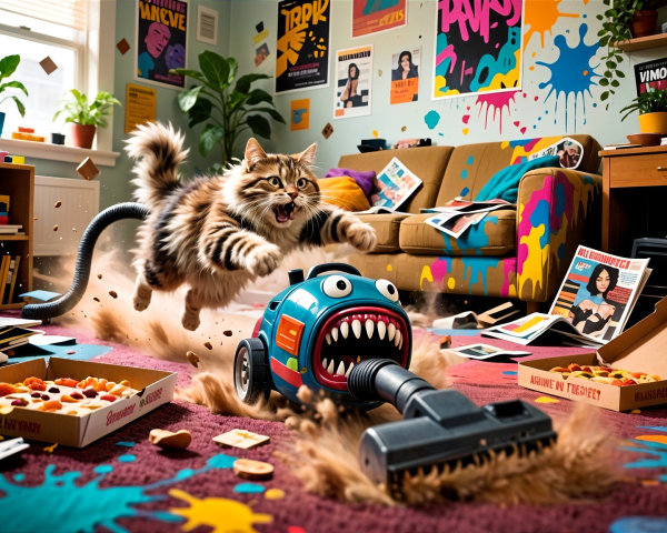 Tabby Cat Plays in Colorful Living Room Chaos