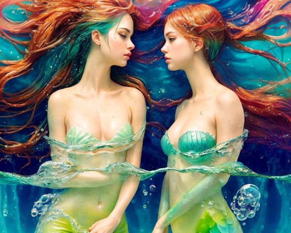 Mermaids in Colorful Waters with Flowing Hair and Tails
