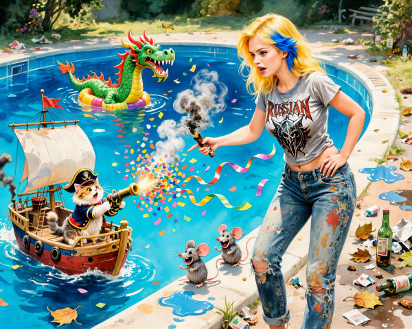 Vibrant Pool Scene with Colorful Characters and Decor