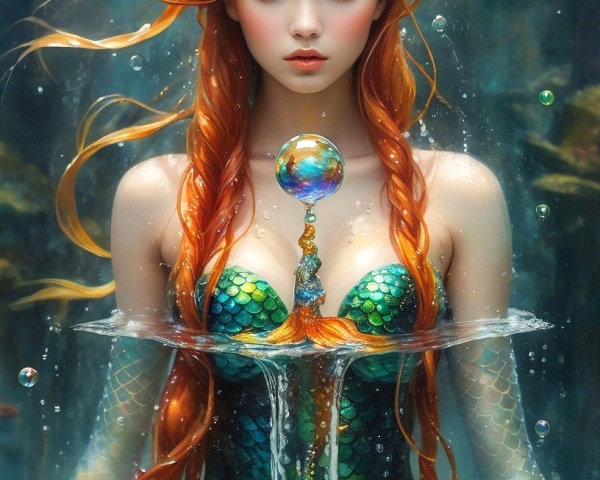 Mermaid with Red Hair and Green Scales in Water