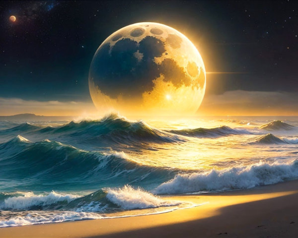 Surreal Seascape with Glowing Moon and Turbulent Waves