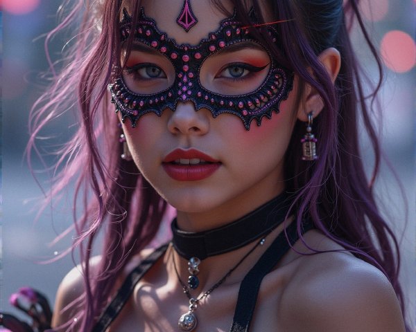 Masquerade Figure with Feathered Ears and Bold Makeup