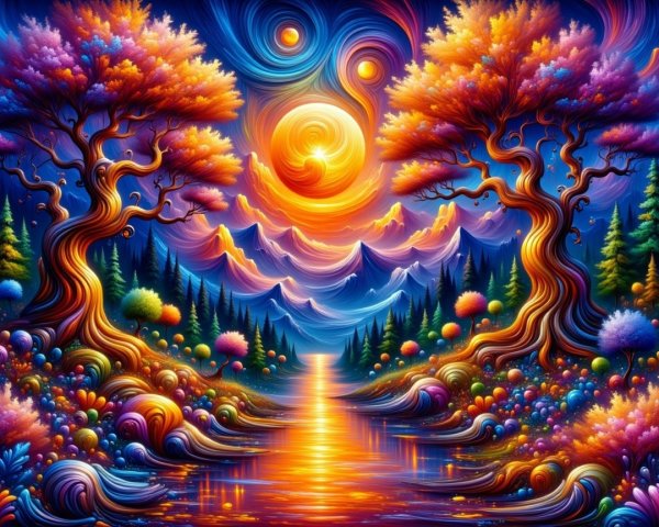 Surreal Landscape with Twisting Trees and Vibrant Colors
