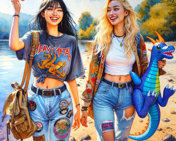 Friends Enjoying a Joyful Stroll by the Riverbank