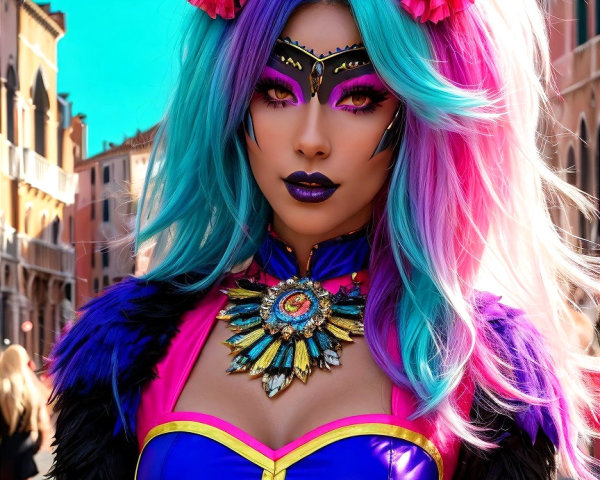 Vibrant Figure with Colorful Hair Against Venetian Backdrop