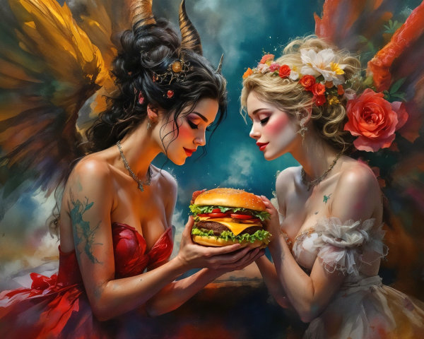 Contrasting Women with Colorful Burger in Ethereal Setting