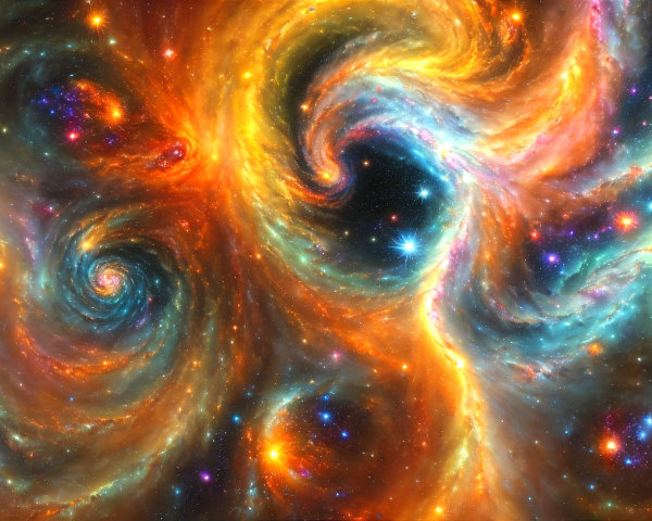 Vibrant Cosmic Scene with Swirling Galaxies and Colors