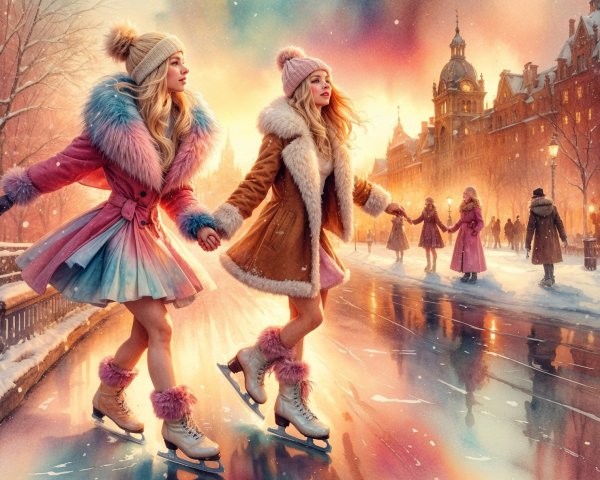 Young Women Skating on Icy Canal at Sunset