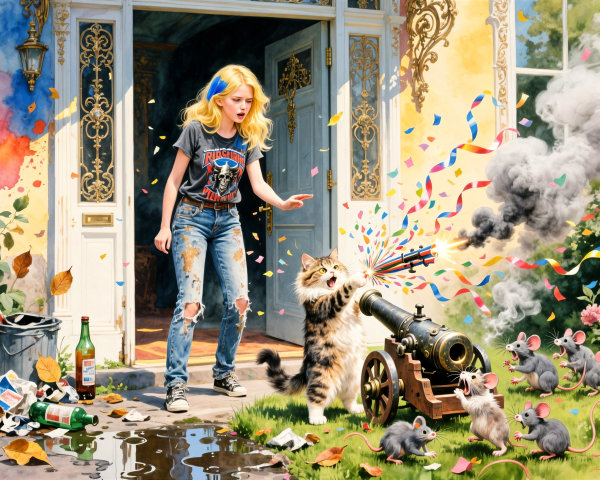 Young Woman Surprised by Cat's Confetti Cannon