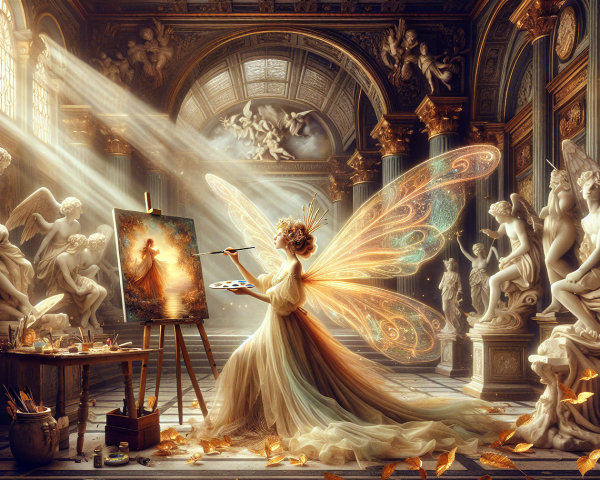 Fairy Painting in an Opulent Hall with Sculptures