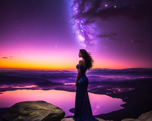 Silhouette of Woman in Blue Gown at Twilight Landscape