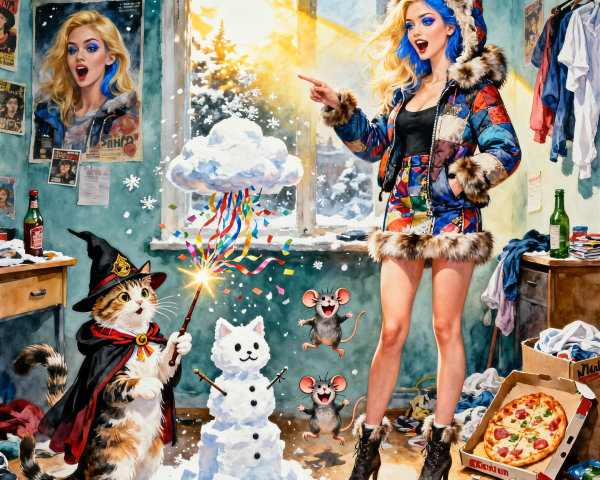 Whimsical Room with Blue-Haired Woman and Cat