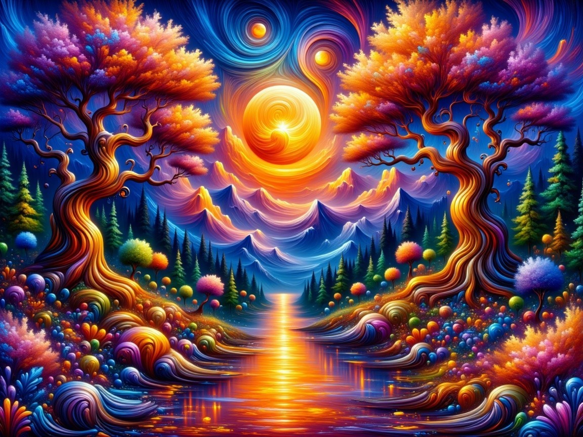 Surreal Landscape with Twisting Trees and Vibrant Colors