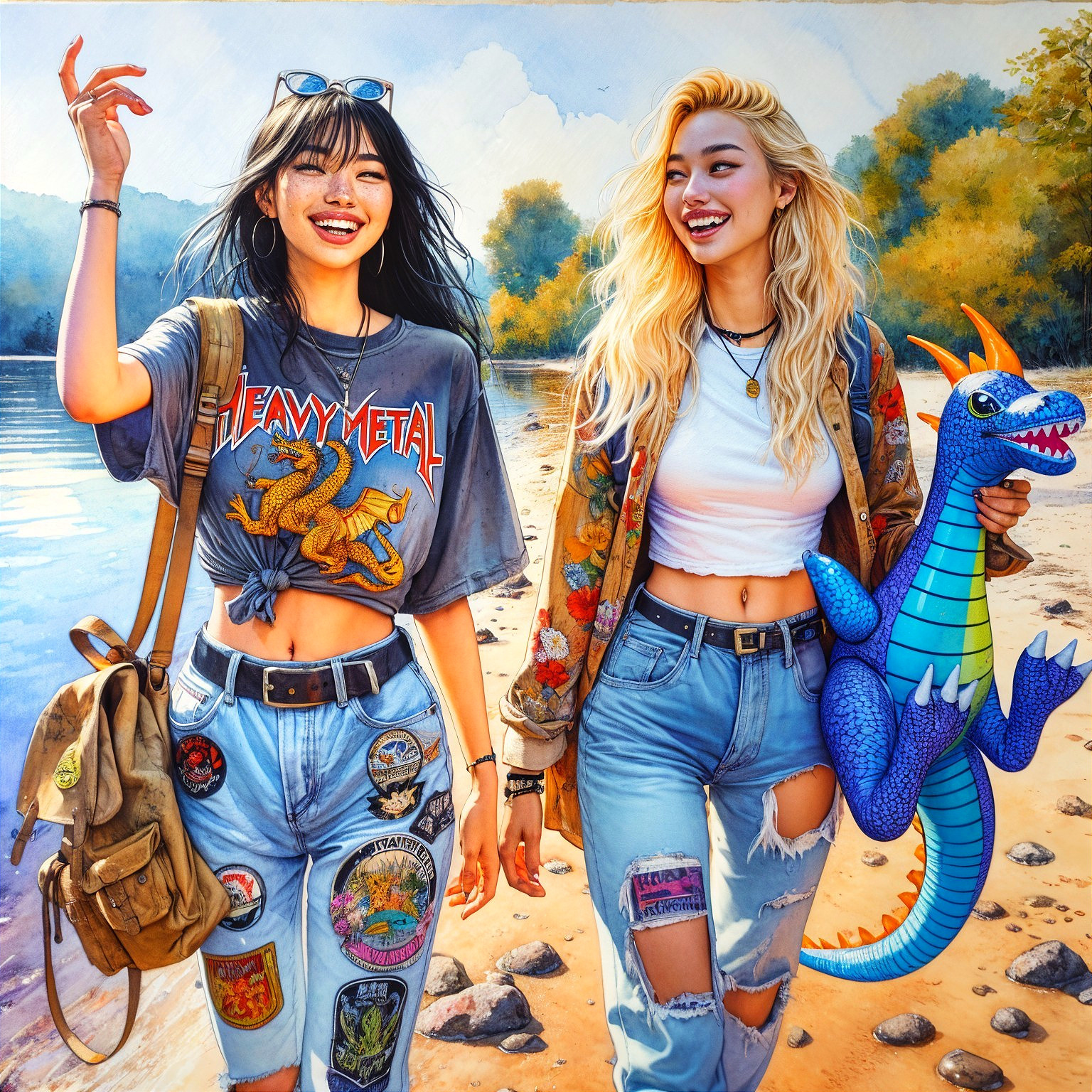 Friends Enjoying a Joyful Stroll by the Riverbank